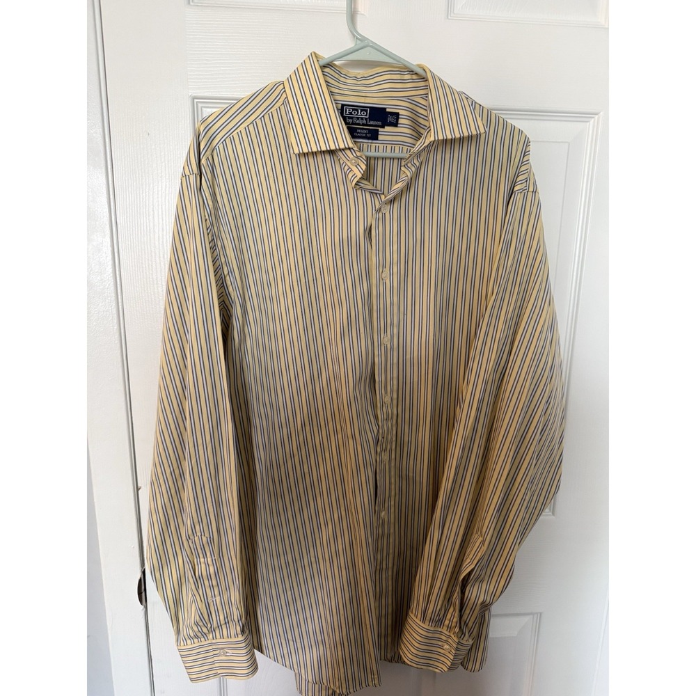 Polo Ralph Lauren Regent Classic Fit 17.5 34/35 Yellow Blue Striped Dress Shirt